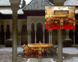 Fotomontage der Nachbildung aus Messing und Glas des Brunnens des Lwenpalasts der Alhambra.